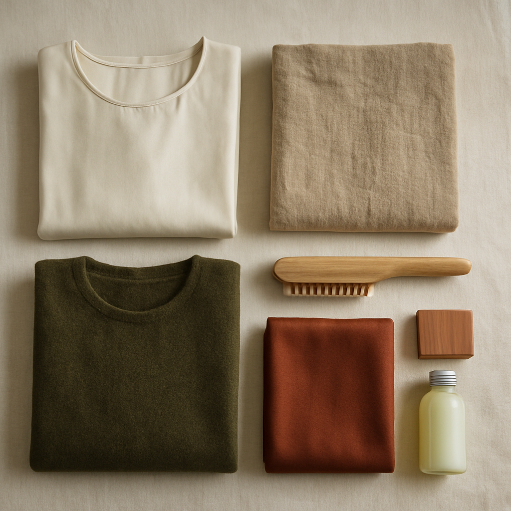 Folded garments in ivory, oat, moss and rust with a garment brush, cedar blocks and wool wash
