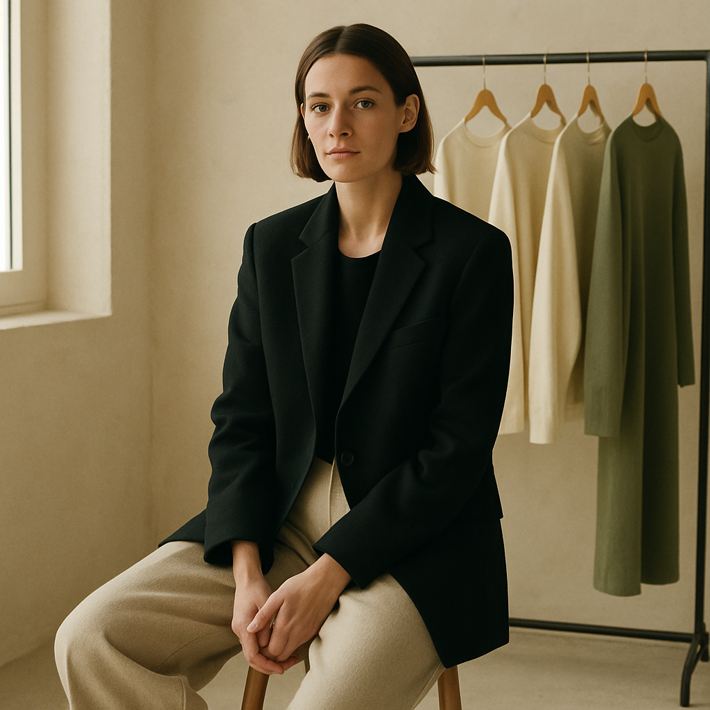 A woman seated in the Thread & Tide studio wearing the Harbour Blazer and Fen Trouser