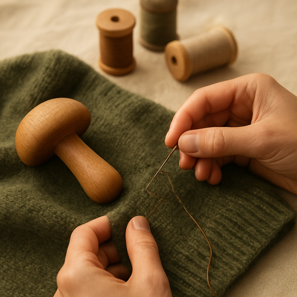 Hands darning a moss green wool sweater with needle and thread